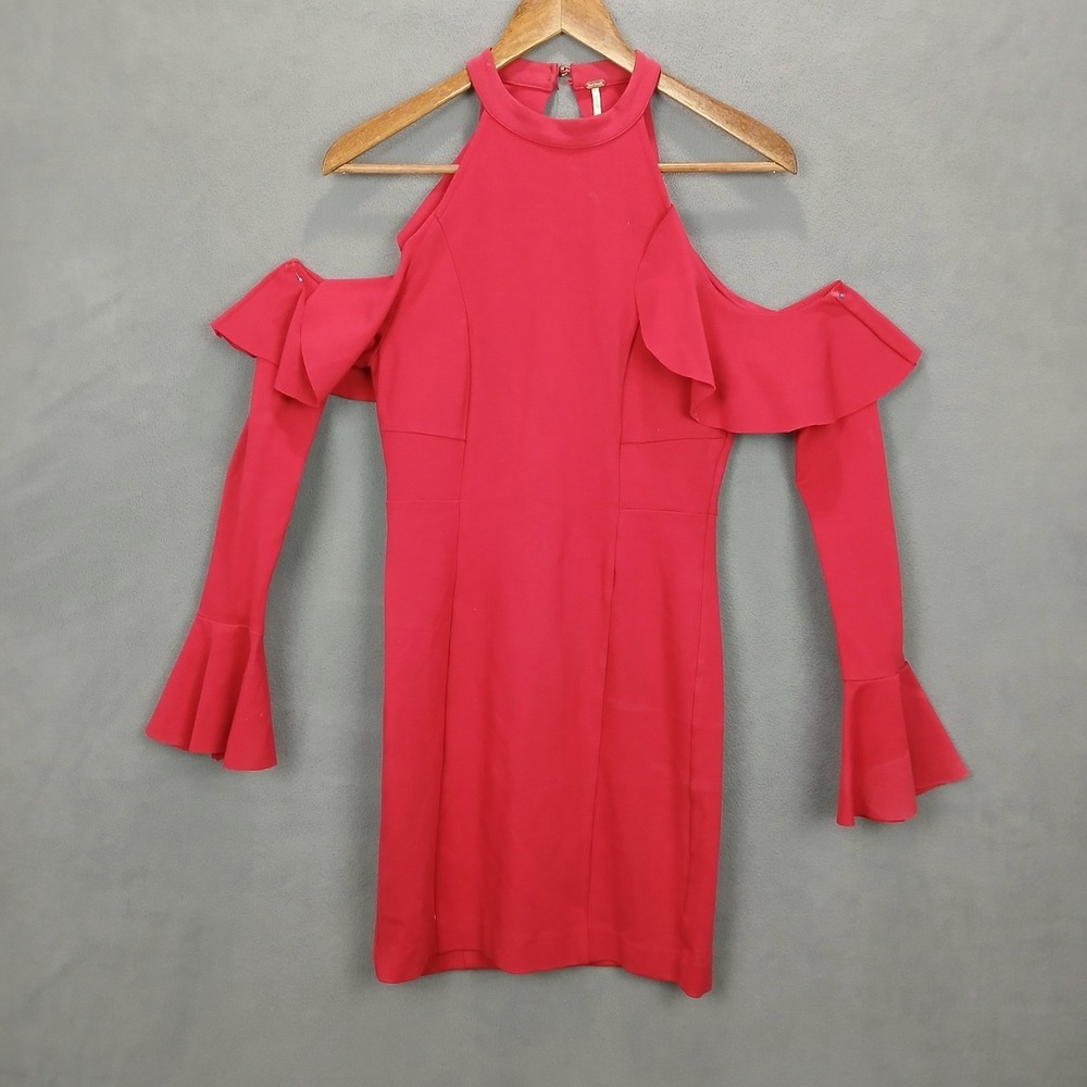 Free People Sweet Talk Mini Dress Womens XS Hot Pink Cold Shoulder Bell Sleeve